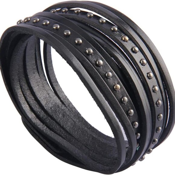 Black Punk Leather Cuff Bracelet for Men Women, Adjustable, Gothic Style, Comfor - Picture 6 of 7